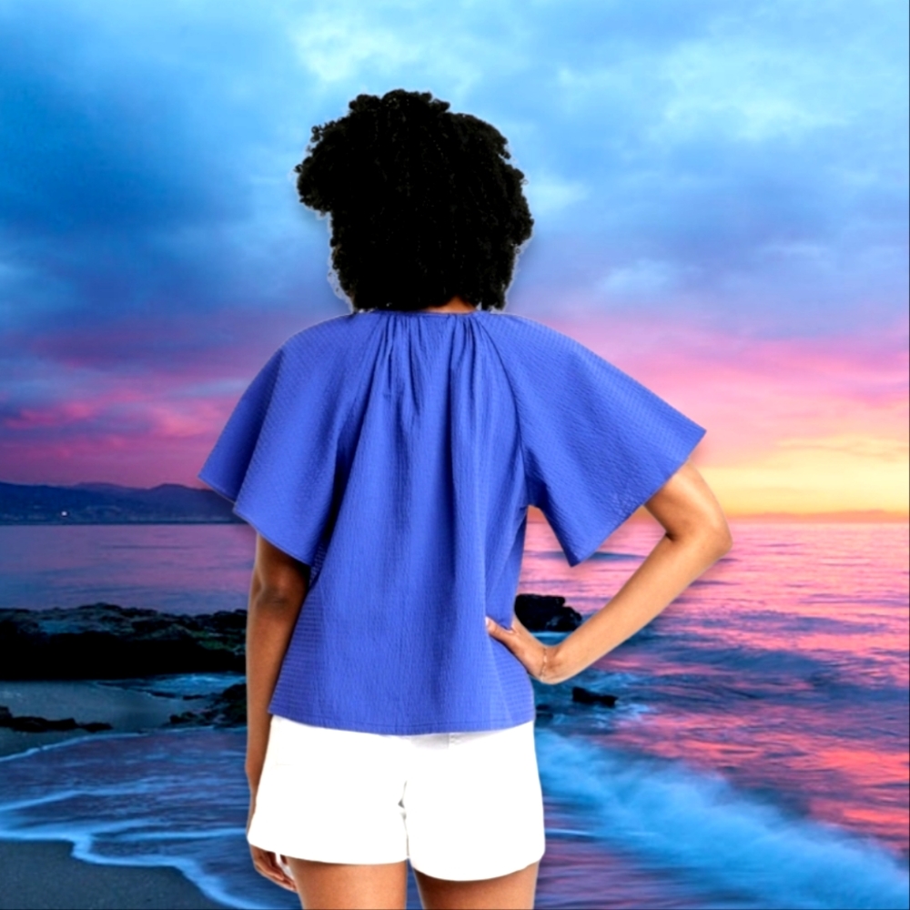 #S New Women's Flounce Short Sleeve V-Neck Popover Top Medium Blue Shirt - Picture 3 of 4